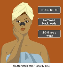 An illustration of a girl putting on a nose strip to remove blackhead, instruction and description