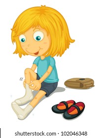 Illustration of girl putting on shoes