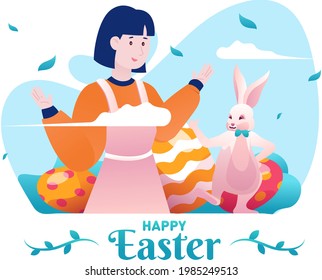 Illustration of A Girl and Rabbit in front an Egg to celebrate Easter