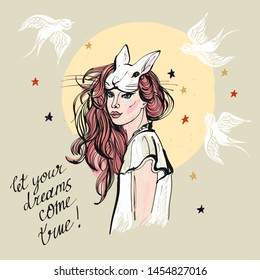 
Illustration of a girl with a rabbit mask, white swallows, orange hair and the slogan "let your dreams come true". - vector.