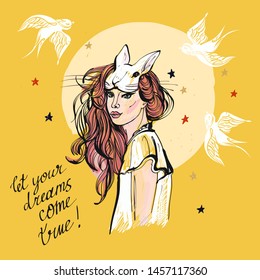 Illustration of a girl with a rabbit mask, white swallows, orange hair and the slogan "let your dreams come true". Yellow background - vector.