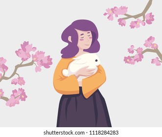 Illustration of a girl with a rabbit. Spring girl.