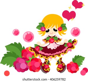 The illustration of the girl in the raspberry dress