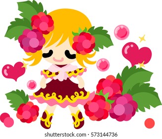 The illustration of the girl in the raspberry dress