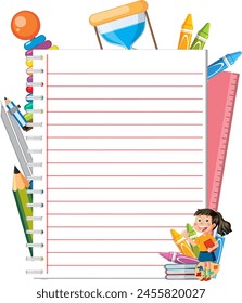 Illustration of girl reading beside lined paper.