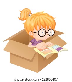 Illustration of a girl reading book in a box on white background