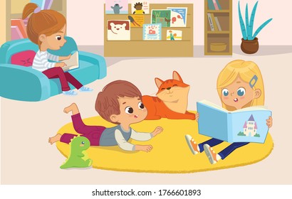 ilustración de una niña leyendo el libro a sus amigos, el niño y el gato mascota. rincón de libros en el jardín de infantes.