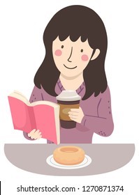 Illustration of a Girl Reading a Book and Holding Coffee with Donut on Plate