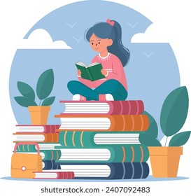 illustration of a girl reading book on stack of books