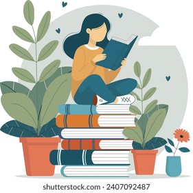 illustration of a girl reading book on stack of books