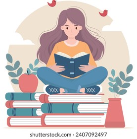 illustration of a girl reading book on stack of books