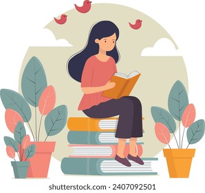 illustration of a girl reading book on stack of books