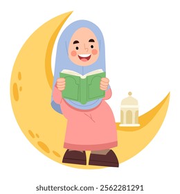 Illustration of girl reading a book on the crescent moon