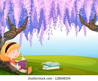 Illustration of a girl reading a book at the park