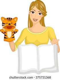 Illustration of a Girl Reading a Book Using a Puppet