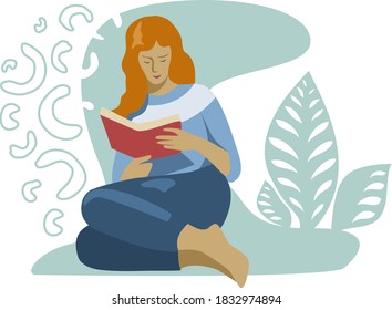 Illustration of a girl reading a book while sitting and dreaming.