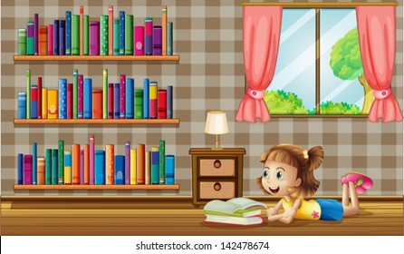 Illustration of a girl reading books near the window