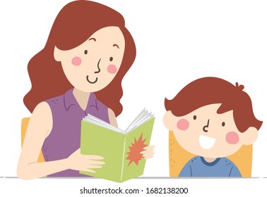 Illustration of a Girl Reading DIY Comics to Her Son. A Kid Boy Listening to His Mother Telling Story