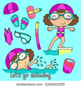 Illustration of a girl ready for a swimming lesson, standing before getting into the water and swimming, and swimming tools. vector drawing
