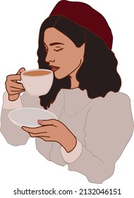 Illustration of a girl in a red beret drinking coffee