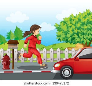 Illustration of a girl in a red jacket and pants running