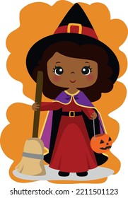 Ilustración de muchacha con traje de bruja roja, muchacha vestida de mago, pelo castaño, piel oscura, Halloween, hechicería, con capa, calabaza y escoba, graciosa