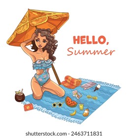 Illustration of girl relax on the beach