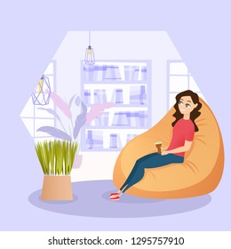 Illustration Girl Resting in Chair with Cup Coffee. Vector Image Young Smiling Woman Sits in an Easy Chair in Office Interior. Break for Rest at Time Workflow. Restoration Strength Before Work