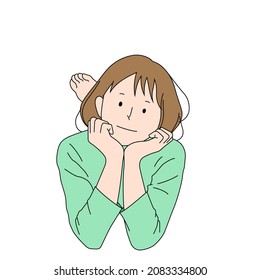 Illustration of a girl resting her face on her hands (white background, vector, cut out)