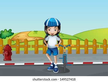 Illustration of a girl resting at the roadside near the wooden fence