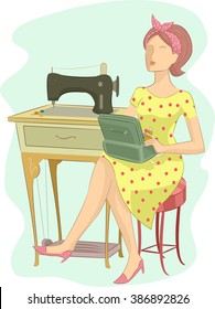 Illustration of a Girl in a Retro Outfit Sitting Beside a Vintage Sewing Machine