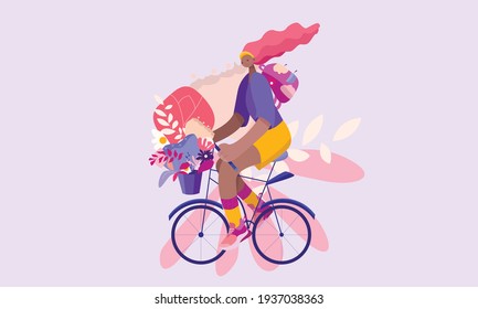 
Illustration of a girl riding a bicycle with flowers