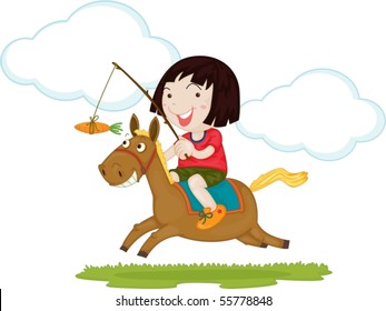 Illustration of A Girl Riding a Horse on white background