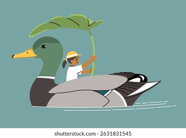 illustration of a girl riding on beautiful duck.