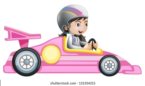 Illustration of a girl riding in a pink racing car on a white background