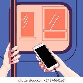 Ilustración de una niña que monta en un transporte y sostiene un teléfono en sus manos. Escuchando música. Imagen vectorial vista desde la ventana de un autobús o metro. 
lista de reproducción en tu teléfono móvil. Viajar. 