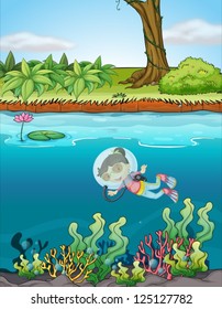 Illustration of a girl and a river in a beautiful nature