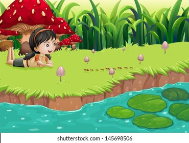 Illustration of a girl at the riverbank near the red mushrooms