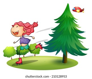 Illustration of a girl rollerskating near the pine tree on a white background