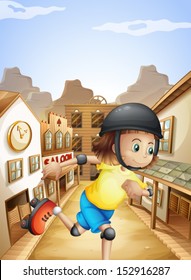 Illustration of a girl rollerskating near the saloon bars