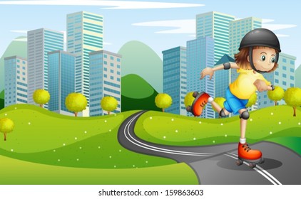 Illustration of a girl rollerskating at the road with a safety helmet