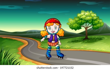 Illustration of a girl rollerskating in the street