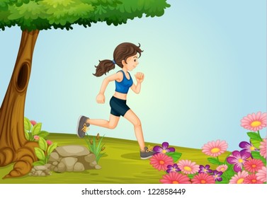 Illustration of a girl running in a beautiful nature