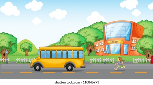 illustration of a girl running behind school bus infront of school