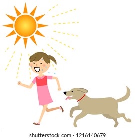 Illustration of a girl running with a dog.