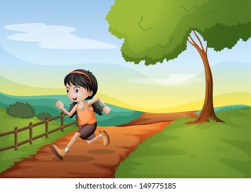 Illustration of a girl running hurriedly at the hill