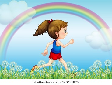 Illustration of a girl running with a rainbow in the sky