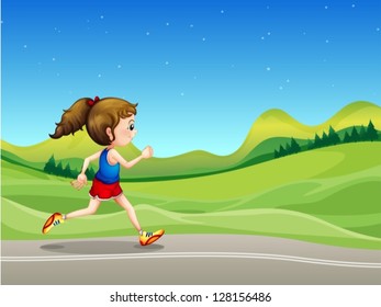 Illustration of a girl running in the street near the hills