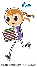 Illustration of a girl running while holding books on a white background