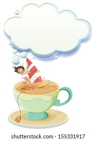 Illustration of a girl sailing over a big cup of tea with an empty callout on a white background